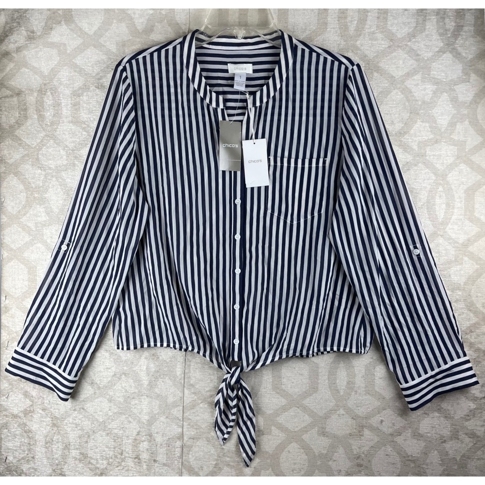 Chico's Stefani II Women 1 Medium Midnight White Striped Tie Front Blouse NWT